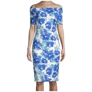 Calvin Klein Off The Shoulder Blue‎ Floral Scuba Sheath Office Dress Size 4